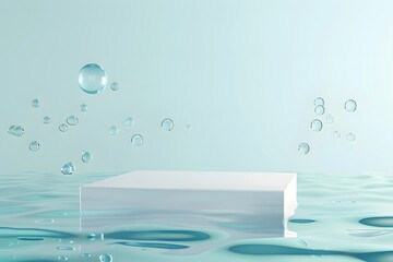 empty podium product display with water ripples and green leaf, for beauty cosmetic mockup presentation, nature and pristine