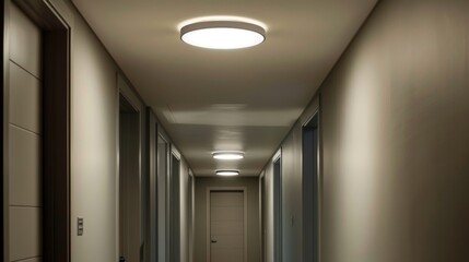 A contemporary flush-mount ceiling light fixture installed in a hallway, providing bright and even illumination for safe passage through the space.