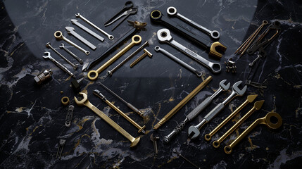 Fototapeta premium Assorted technical tools forming a neat square on a black marble surface.