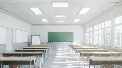 Bright and clean classroom ready for back to school, featuring white walls, desks, chairs, a green blackboard, and a whiteboard, highlighting a spacious interior.