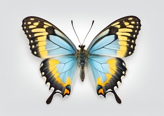 Fototapeta premium Very beautiful light blue yellow butterfly with spread wings isolated on white background