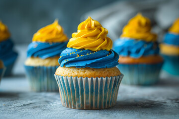Festive cupcakes decorated with blue and yellow frosting for Ukrainian holiday