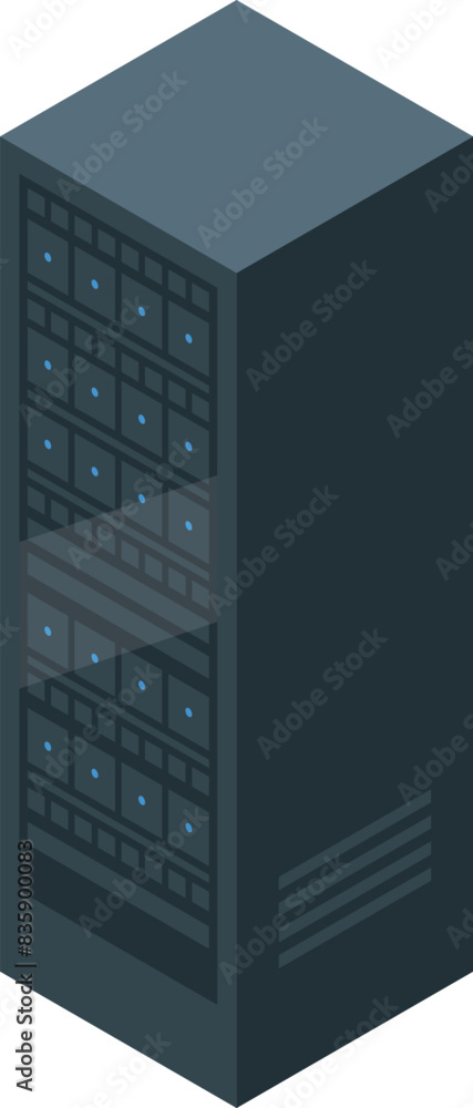 Poster detailed isometric vector illustration of a modern server rack in a data center with networking equi