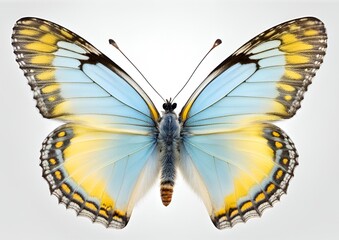Obraz premium Very beautiful light blue yellow butterfly with spread wings isolated on white background