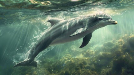 Fototapeta premium A dolphin gracefully arching its body as it swims underwater, its streamlined form cutting through the water with precision and grace.