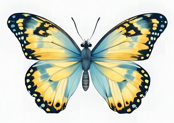 Very beautiful light blue yellow butterfly with spread wings isolated on white background
