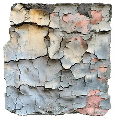 A wall in poor condition with patches of cement over the paint isolated on white background, simple style, png
