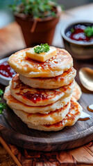 Crumpets with butter and jam, on a quaint tea table.
