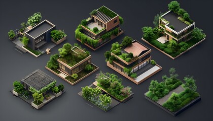 3d isometric illustrations of ecofriendly building with greenery on the roof
