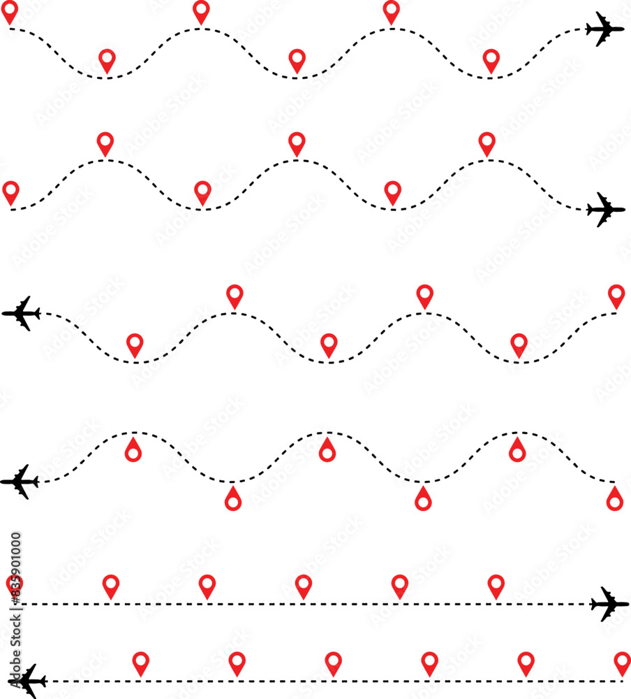 Poster simple flat vector of aircraft plane that moves from the starting point and follow route. concept of