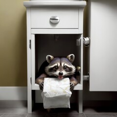 A mischievous raccoon holding a roll of toilet paper inside an open bathroom cabinet. The scene captures a playful and curious moment, perfect for humorous themes.