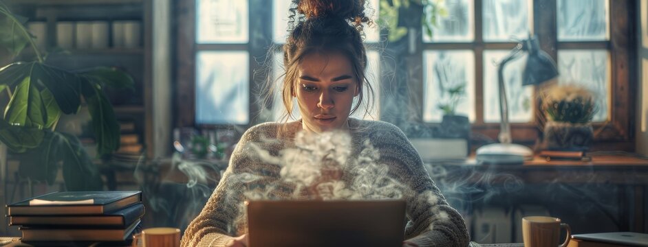 Woman Working at Computer, Smoking Cigarette, Casual Home Environment