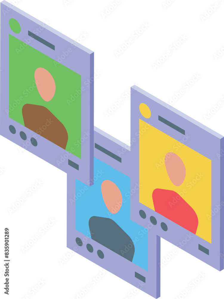 Poster three isometric digital screens display colorful user profiles in a row against a white background