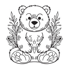 Cute bear with floral design elements, black vector illustration on white background