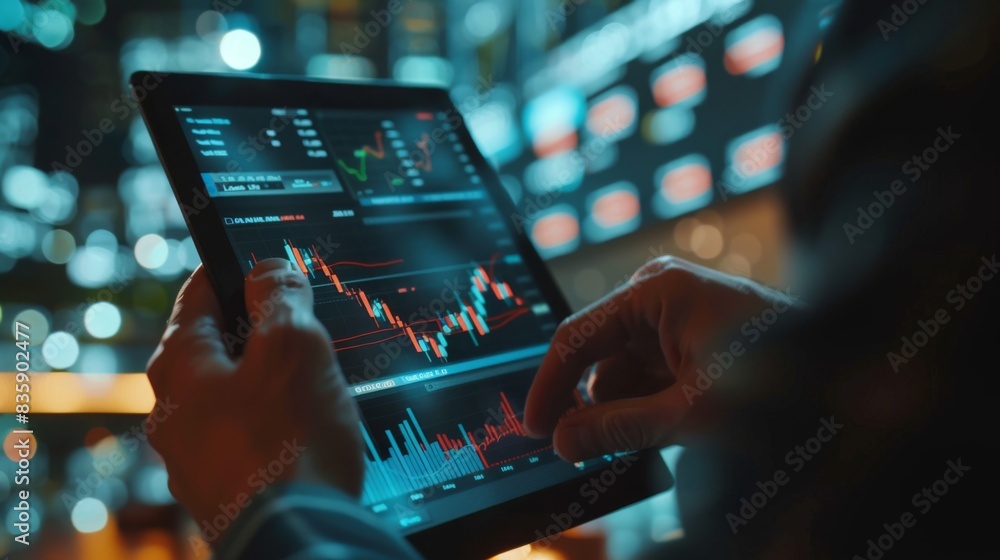 Leinwandbilder a financial analyst analyzing stock market graphs and performance metrics on a tablet, preparing a r