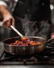 A chef is cooking food in a pan on a stove