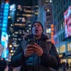 Obraz premium Urban Nightlife: Man in Hoodie Texting on Phone