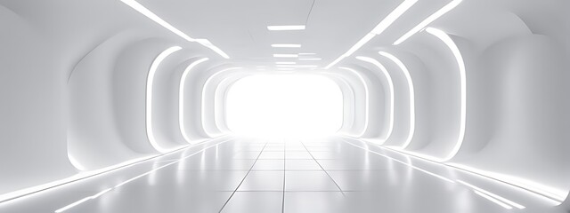 White Background 3D Room with Light Abstract Space. Technology Tunnel Stage Floor. Empty White Future 3D Neon Background Studio. Futuristic Corridor, Modern Interior, Silver Road, Black Wall Design.