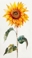 Fototapeta premium A watercolor painting of a single sunflower with green leaves against a white background