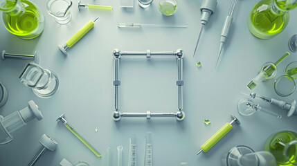 Bright lab tools forming a neat square on a light grey surface.