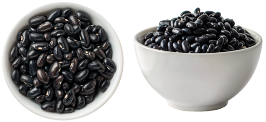 Black beans in a white bowl bundle, side and top view, isolated on a white background