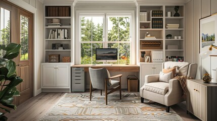 A home office with a desk positioned near natural light, storage solutions, and a comfortable seating arrangement --ar 16:9 --style raw Job ID: b8d6bc15-a148-4a5e-9654-18425fac2163