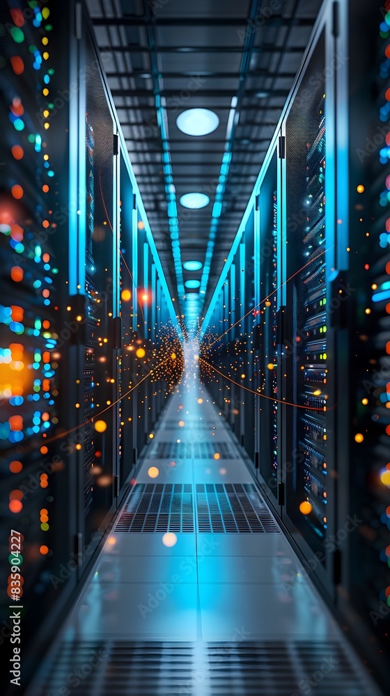 Poster futuristic data center with illuminated servers and security features showcasing digital innovation