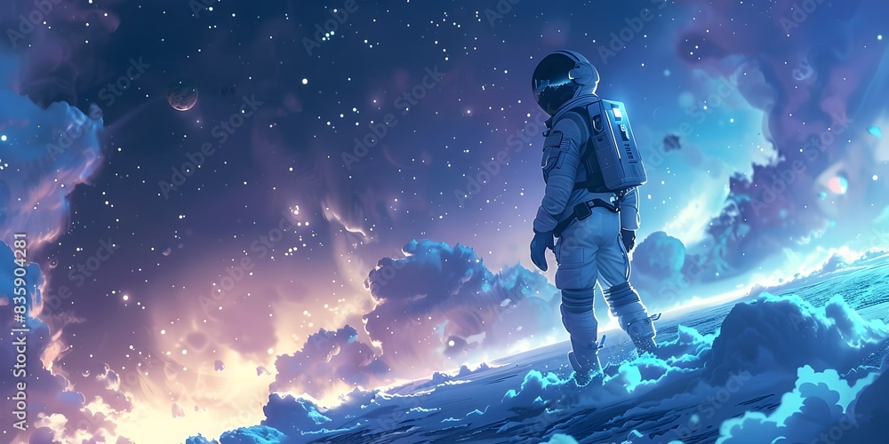 Poster intrepid space traveler navigating ethereal comet field with agile expertise and boundless curiosity