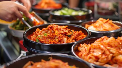 Obraz premium a kimchi tasting event, showcasing various types of kimchi in a setting of a modern food festival, emphasizing diversity and culinary exploration.