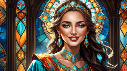 Woman in Stained Glass Background