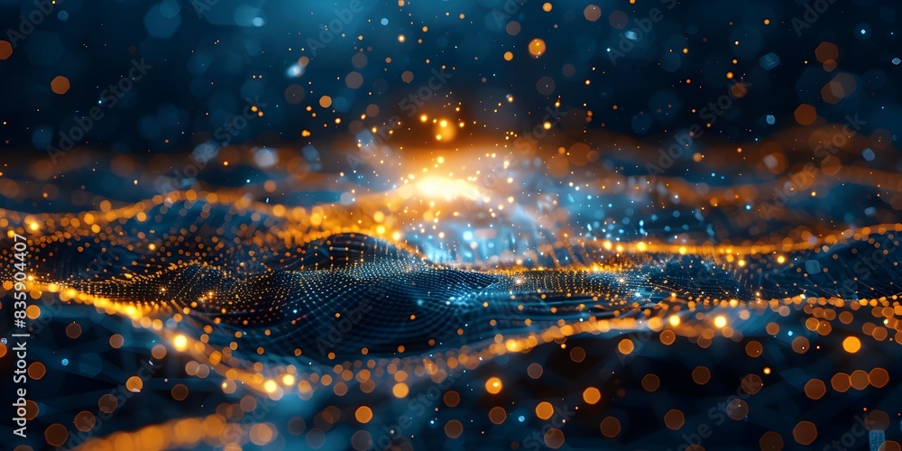 Poster futuristic blockchain technology network with glowing connections and lightning bursts