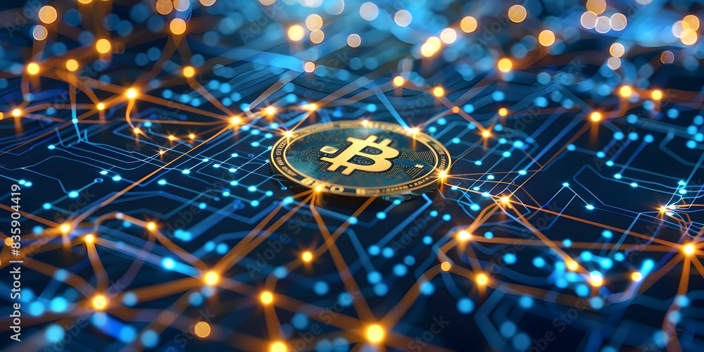 Poster innovative and rapid bitcoin transaction process visualized in network rendering
