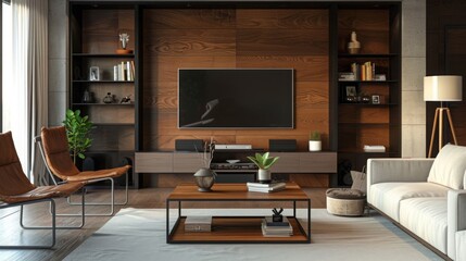 A modern living room setup with a sleek sofa facing the entertainment center, stylish coffee table, and accent chairs --ar 16:9 --style raw Job ID: 0308f1f0-0fba-4a93-9910-3c3c758259f5
