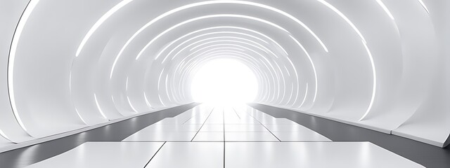 White Background 3D Room with Light Abstract Space. Technology Tunnel Stage Floor. Empty White Future 3D Neon Background Studio. Futuristic Corridor, Modern Interior, Silver Road, Black Wall Design.