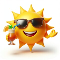 a 3D sun emoji wearing sunglasses holding a cocktail mug on a white background