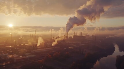 Drone shot over an industrial area showing smoke and gas emissions from factories billowing into the sky