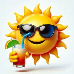 a 3D sun emoji wearing sunglasses holding a cocktail mug on a white background