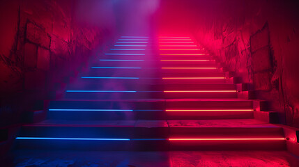 abstract futuristic background of blue empty stage Stairs covered with red carpet and lighting spotlgiht stage background,Stage lights. Several projectors in the dark. Purple spotlight strike 
