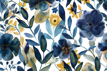 floral and botanical watercolor elements in navy blue, gold, and green. graceful and elegant garden design. generative ai