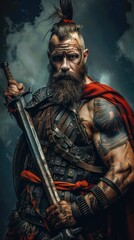 Fototapeta premium Fierce warrior in ancient armor holding a sword, with a dramatic sky background.