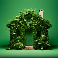 Eco-Friendly Living: Model House Enveloped in Lush Green Vegetation. A Tribute to Renewable Energy and Green Living, Featuring a Miniature House Covered in Moss and Leaves on a Plain Background.