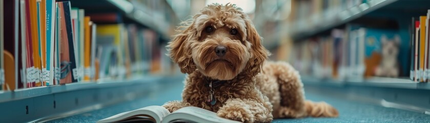 Fototapeta premium A dog is laying on the floor next to a book