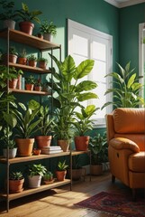 Green Living Room with Plants and Leather Chair