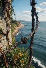 Obraz premium Barbed Wire Fence Overlooking the Sea