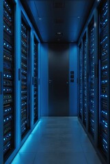 Server Room Interior with Blue Lights