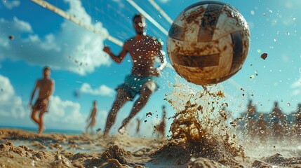 A man kicks a soccer ball on a beach