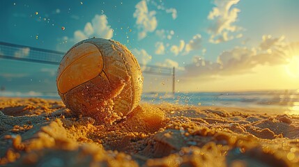 A beach volleyball ball is on the sand, with the sun setting in the background