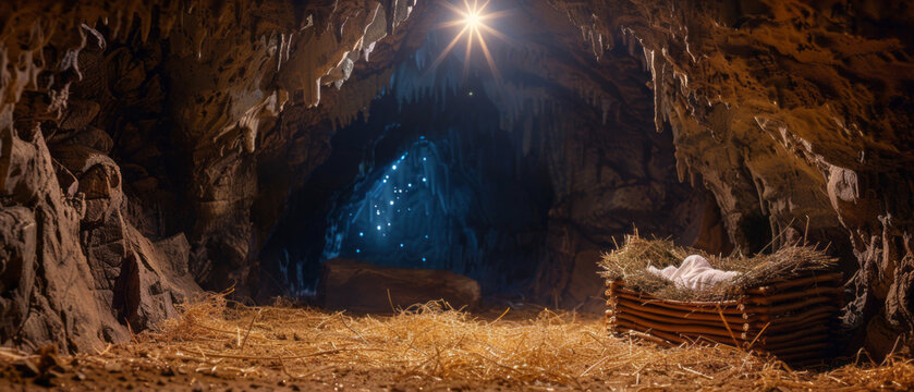 A cave, where a significant event took place, is filled with an empty manger and hay, illuminated by soft light from above.