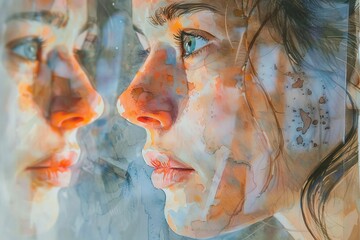 Tilted angle view of a person looking into a fragmented mirror, watercolor technique, the reflection shows different emotional expressions, soft pastel colors blending harmoniously