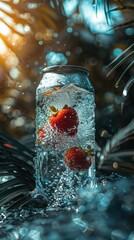 Refreshing soda can with water droplets and strawberries, surrounded by tropical foliage in a dreamy, sunlit setting.